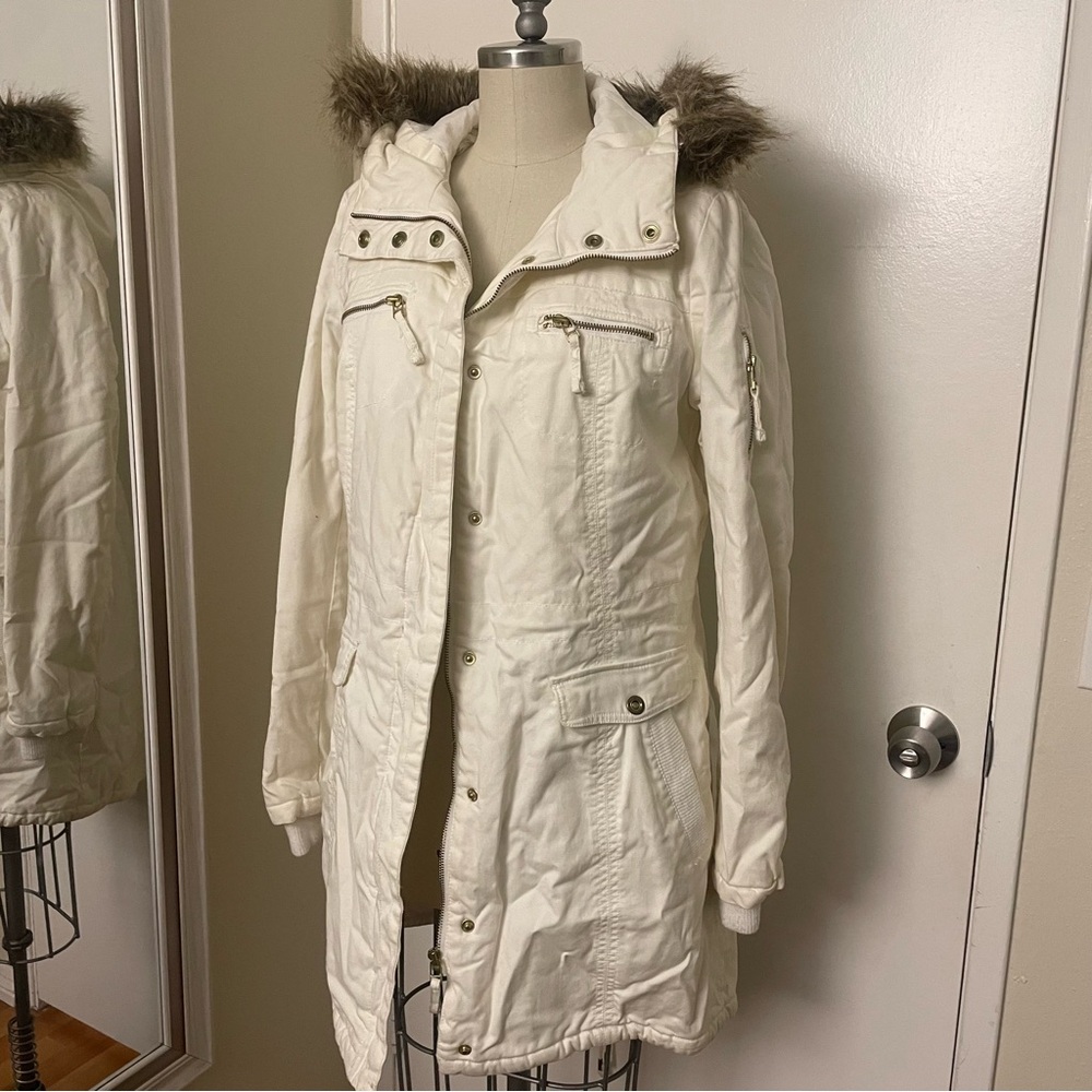 H&M white fur lined hooded coat Size M
